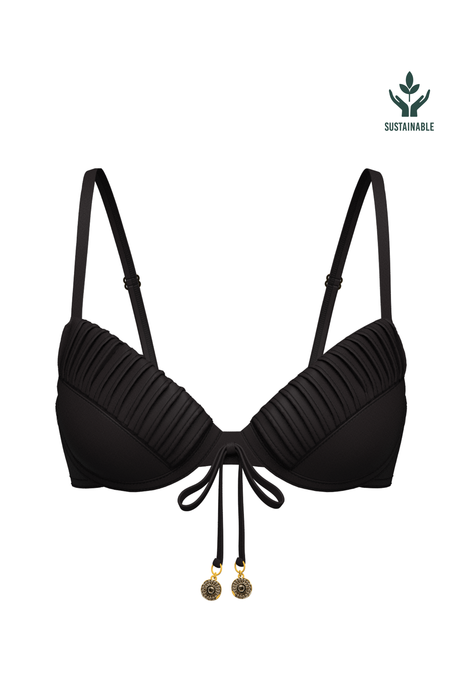 Sunseeker Core Solid Black Pintuck Tied Bikini Top