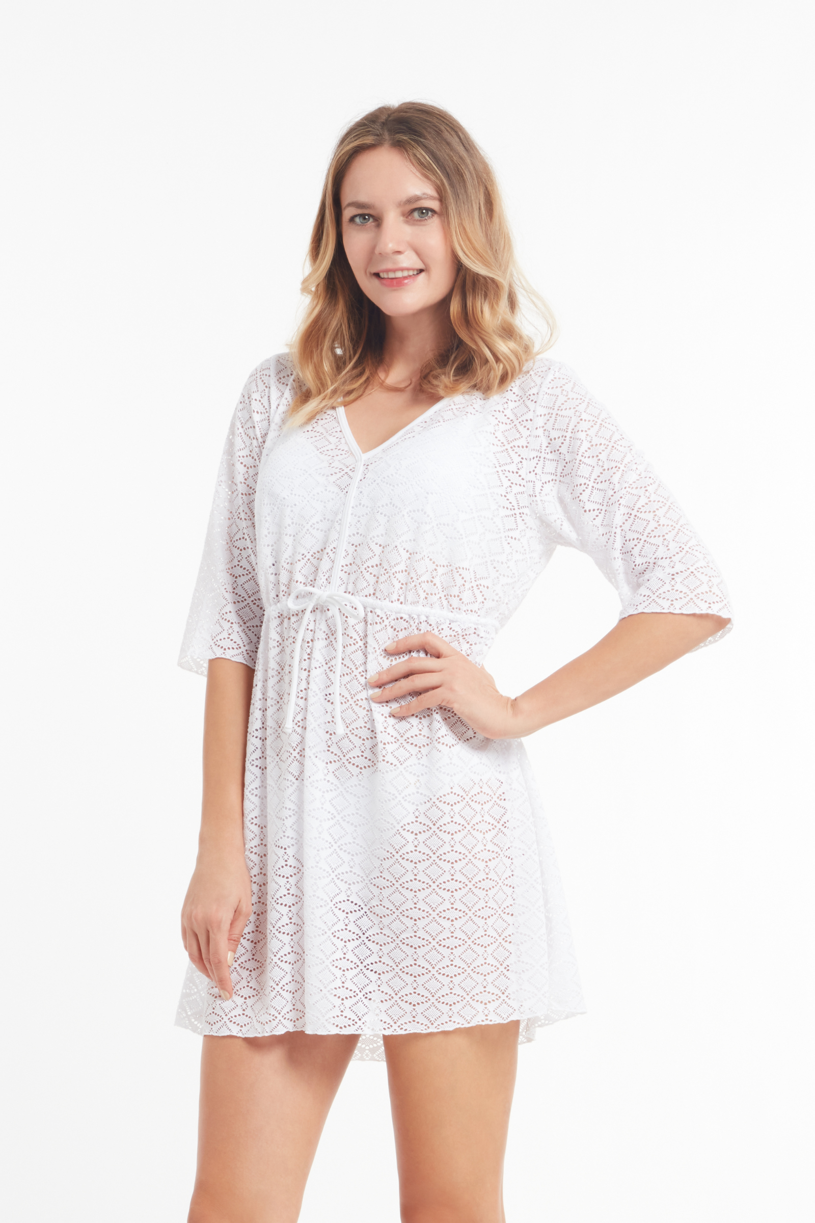 Sunseeker Crochet White Waist Tied Kaftan