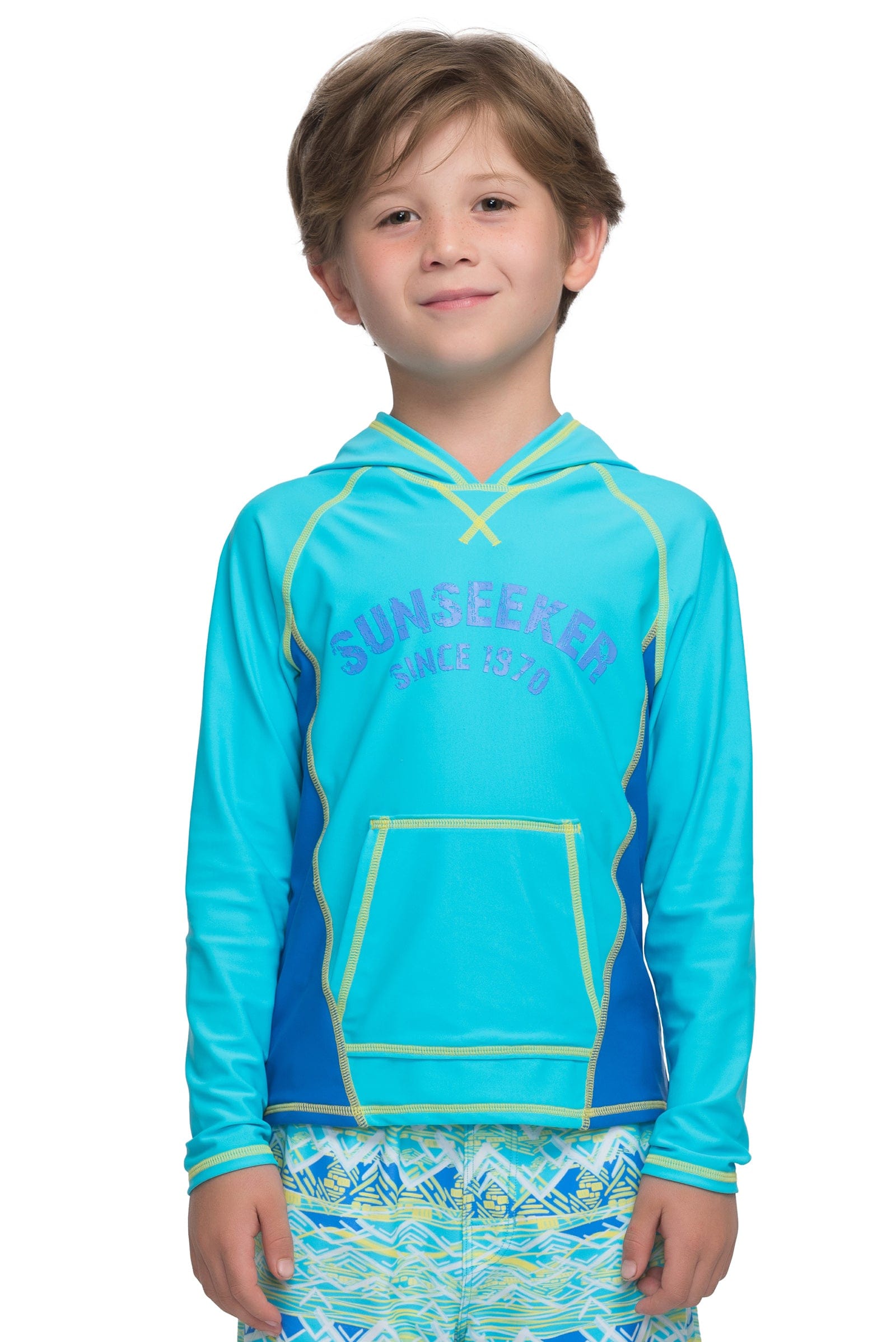 Sunseeker Neon ikat long sleeve hooded rash guard