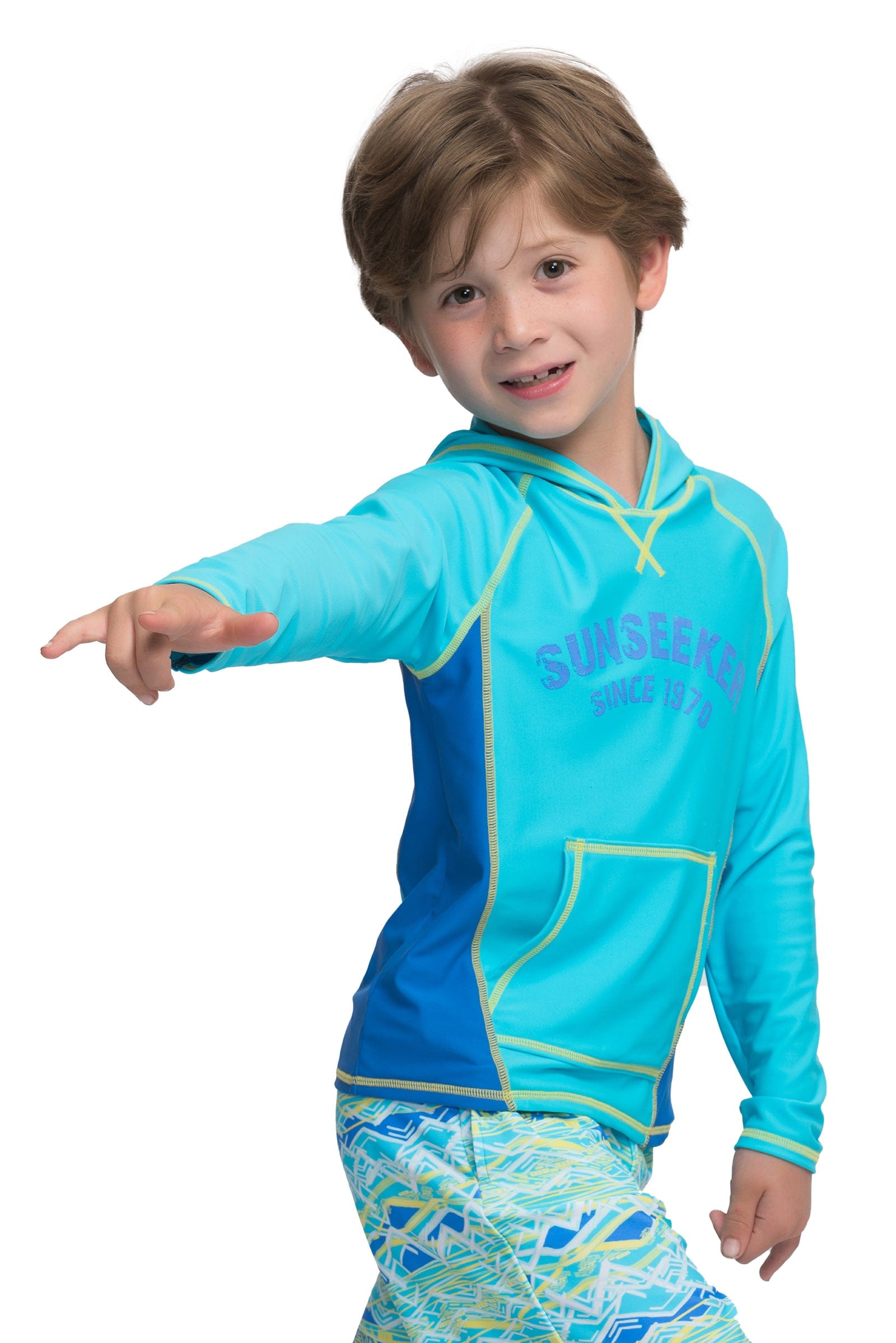 Sunseeker Neon ikat long sleeve hooded rash guard